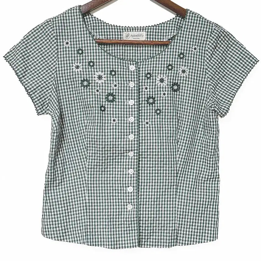 [BUNJANG] Vintage Floral Embroidery Cap Sleeve Cropped Check Shirt / 일본빈티지 꽃자수잔체크 캡소매 숏남방반팔셔츠티 모리걸하구미룩갸루y2k히피