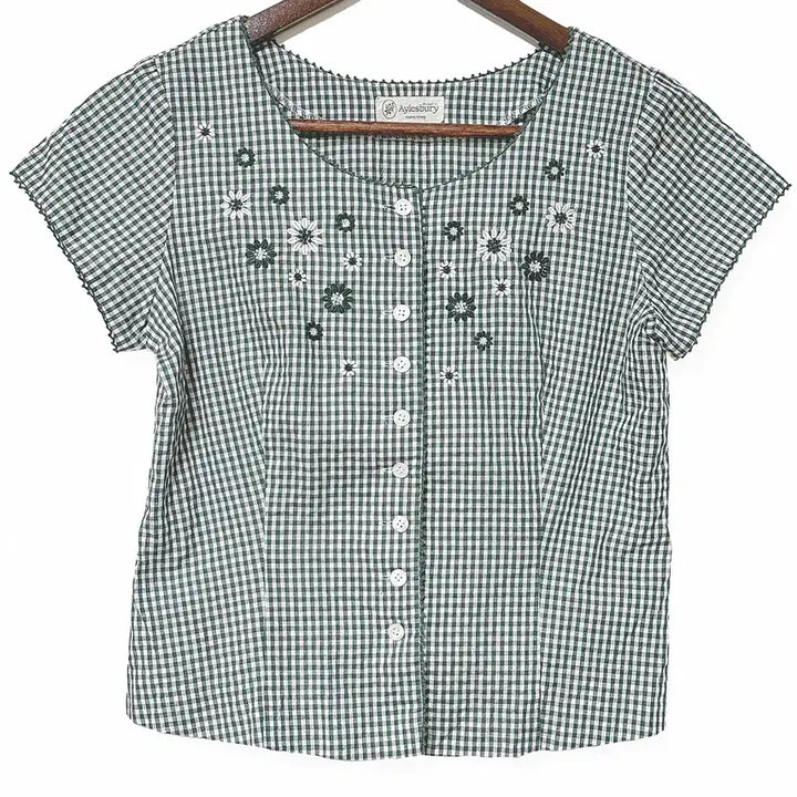 [BUNJANG] Vintage Floral Embroidery Cap Sleeve Cropped Check Shirt / 일본빈티지 꽃자수잔체크 캡소매 숏남방반팔셔츠티 모리걸하구미룩갸루y2k히피