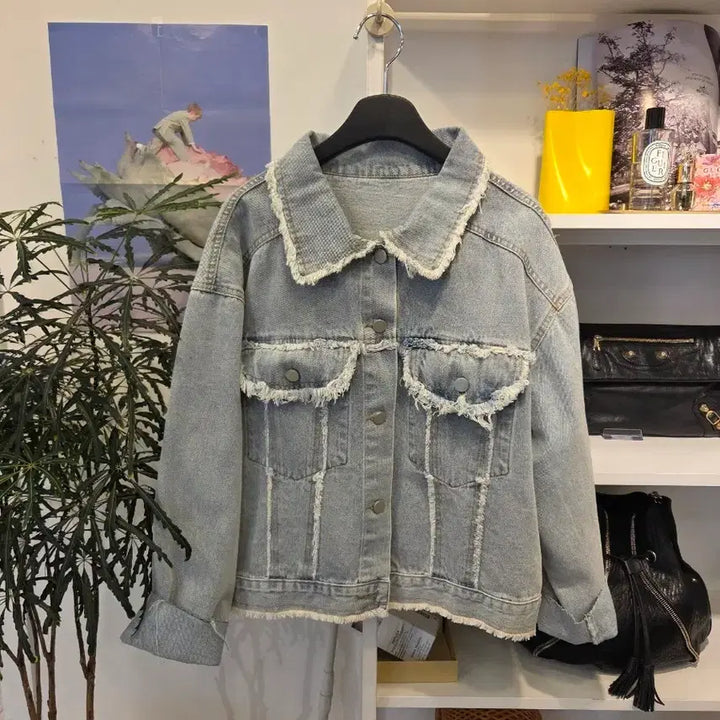 [BUNJANG] Fringe Detail Light Wash Denim Jacket / 프린지 연 청 자켓