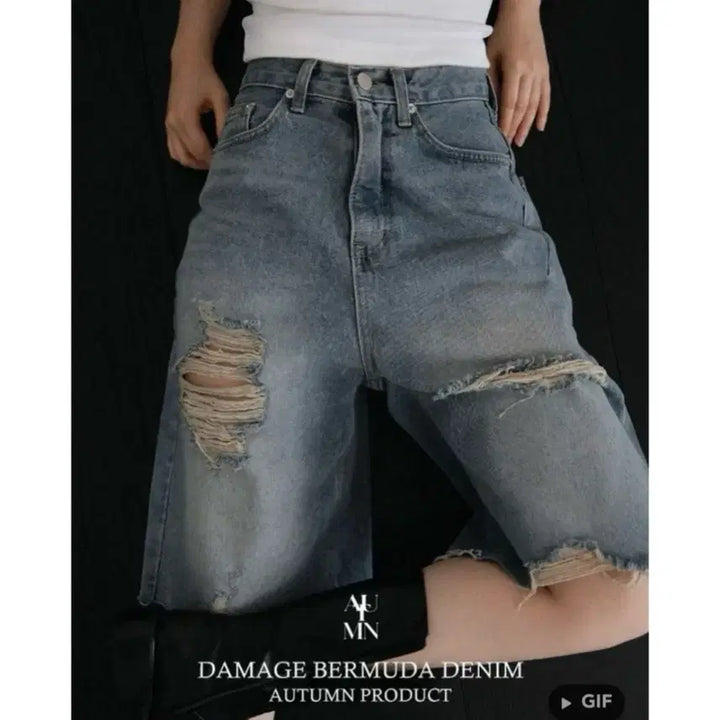 [BUNJANG] Autumn Damage Bermuda Denim Pants / 새상품) 어텀 데미지 버뮤다 데님 팬츠 지그재그 에이블리