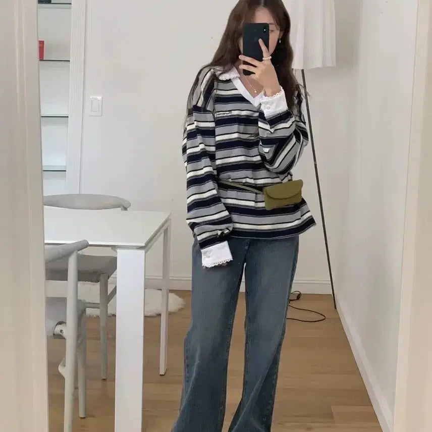 [BUNJANG] 레이스 카라 스트라이프 긴팔 티셔츠 / 레이스 카라 스트라이프 긴팔 티셔츠