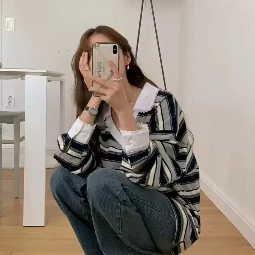 [BUNJANG] 레이스 카라 스트라이프 긴팔 티셔츠 / 레이스 카라 스트라이프 긴팔 티셔츠