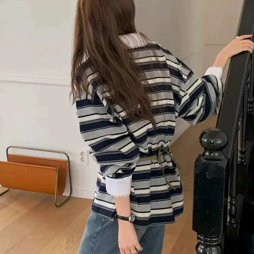 [BUNJANG] 레이스 카라 스트라이프 긴팔 티셔츠 / 레이스 카라 스트라이프 긴팔 티셔츠