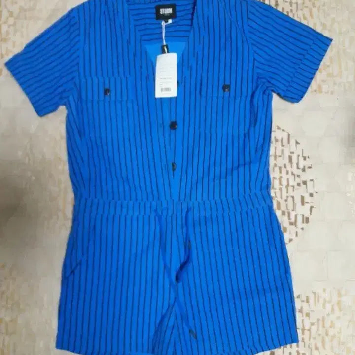 [BUNJANG] Storm London Blue Striped Romper Jumpsuit S / [새상품] 블루 스트라이프 반팔 롬퍼 점프수트 S