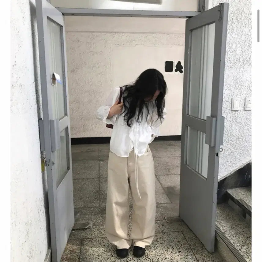 [BUNJANG] M 연베이지 모브 밑단 버튼 와이드 코튼 팬츠 바지 / M 연베이지 모브 밑단 버튼 와이드 코튼 팬츠 바지