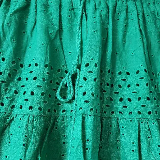 [BUNJANG] Green Eyelet Punching Tiered Long Skirt / 그린 아일렛 펀칭 캉캉 롱 스커트(허리끈 포함)새상품