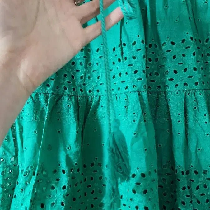 [BUNJANG] Green Eyelet Punching Tiered Long Skirt / 그린 아일렛 펀칭 캉캉 롱 스커트(허리끈 포함)새상품