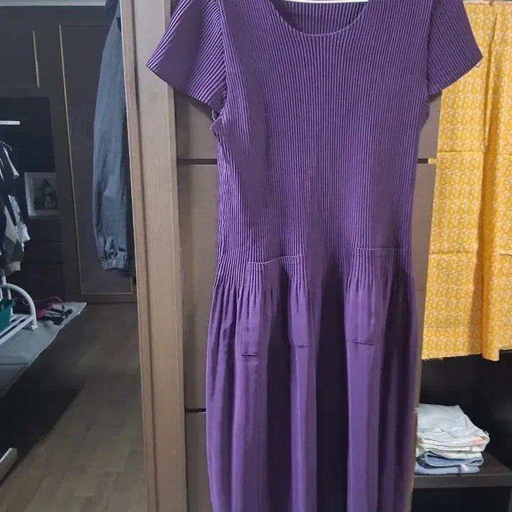 [BUNJANG] Zishen Purple Pleated Long Sleeve Dress / 지센보라색 플리츠 반팔 롱 원피스(프리)
