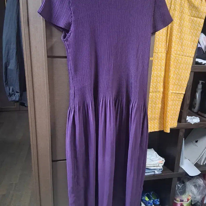 [BUNJANG] Zishen Purple Pleated Long Sleeve Dress / 지센보라색 플리츠 반팔 롱 원피스(프리)