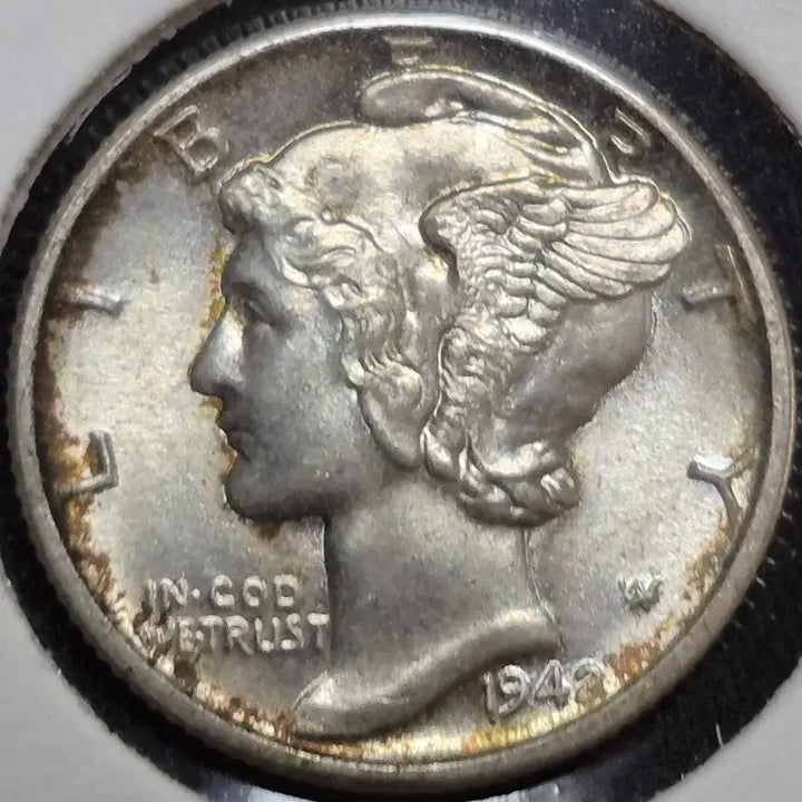 [BUNJANG] 1942 D Mercury Dime Silver Coin Rainbow Full Band / 1942년D미국 머큐리 다임 은화  무지개.빛. 풀밴드