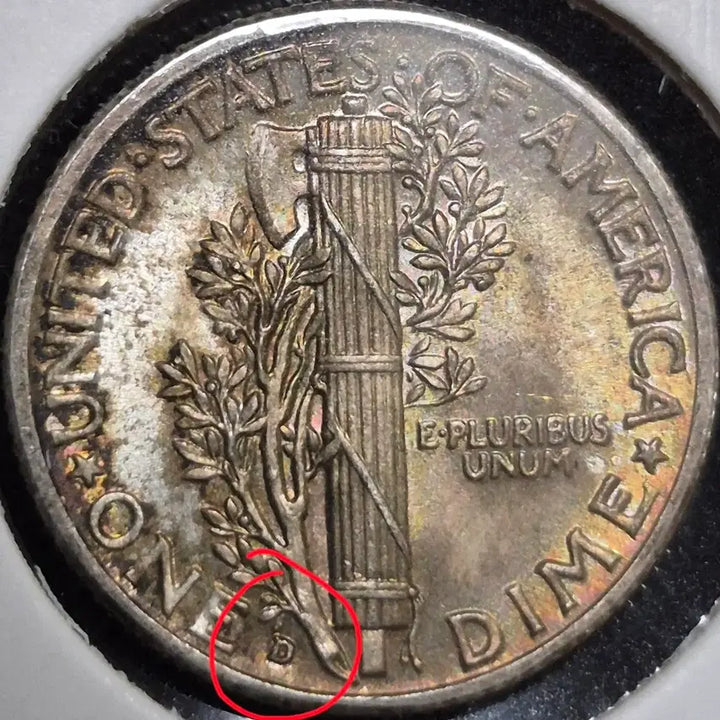 [BUNJANG] 1942 D Mercury Dime Silver Coin Rainbow Full Band / 1942년D미국 머큐리 다임 은화  무지개.빛. 풀밴드