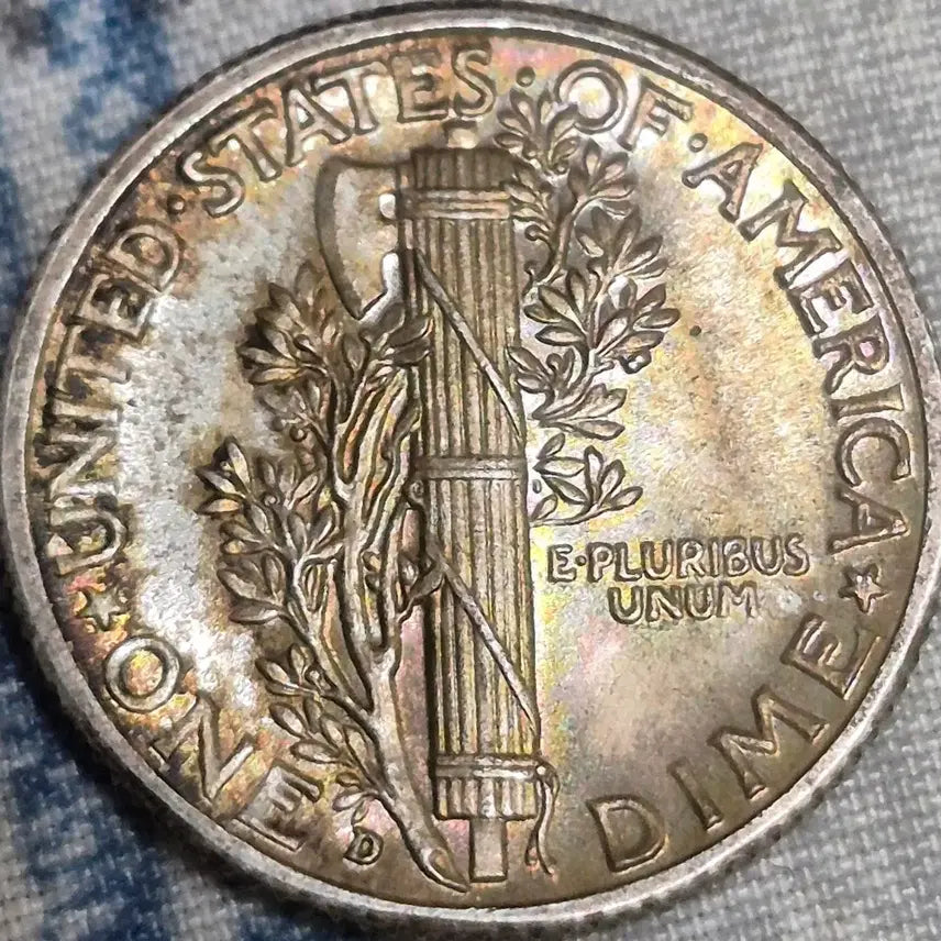 [BUNJANG] 1942 D Mercury Dime Silver Coin Rainbow Full Band / 1942년D미국 머큐리 다임 은화  무지개.빛. 풀밴드