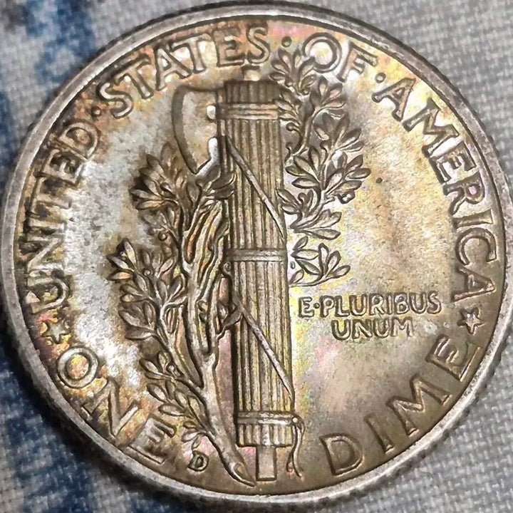 [BUNJANG] 1942 D Mercury Dime Silver Coin Rainbow Full Band / 1942년D미국 머큐리 다임 은화  무지개.빛. 풀밴드