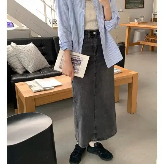 [BUNJANG] More Around Black Denim Long Skirt / 모어라운드 블랙 데님 롱 스커트