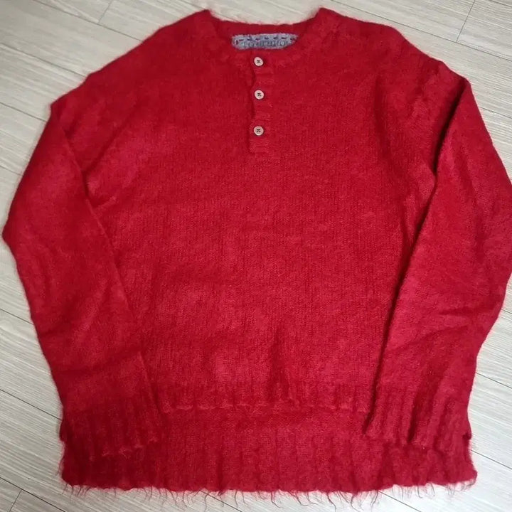 [BUNJANG] Vintage 90s Red Mohair Henry Neck Knit Sweater / 90s 빈티지 레드 모헤어 니트 헨리넥 스웨터(105)