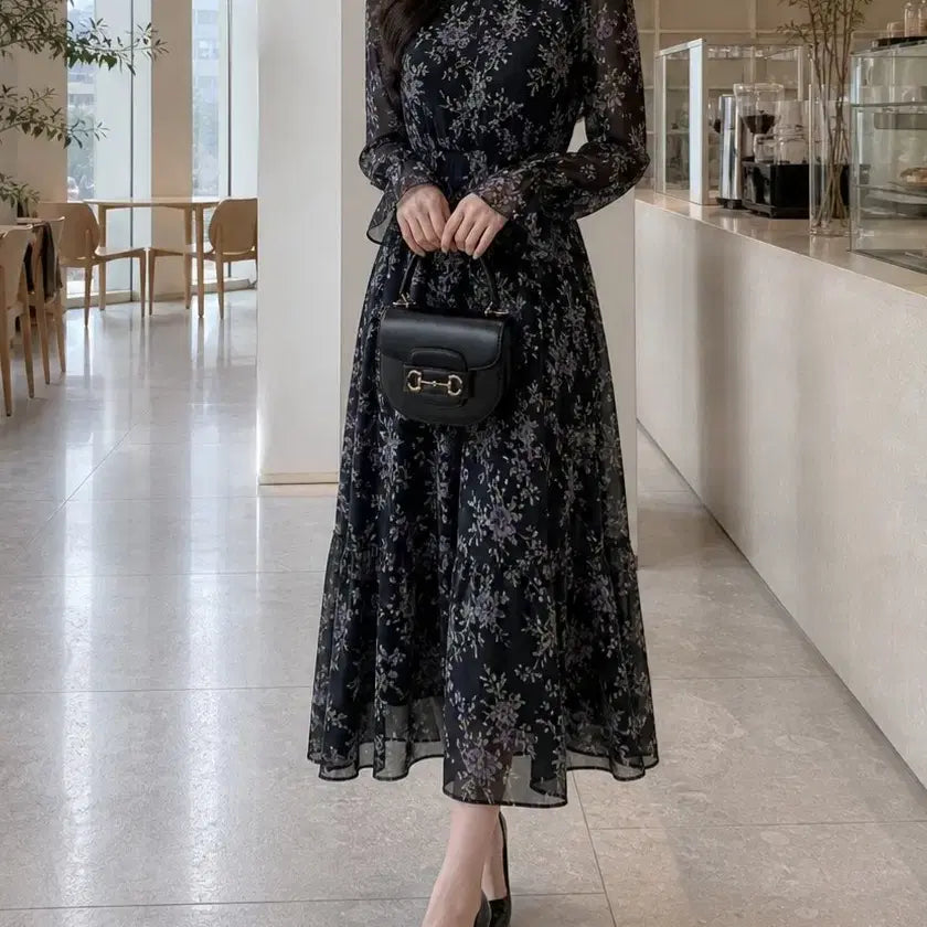 [BUNJANG] Chiffon Purple Floral Long Dress / 쉬폰  퍼플 꽃무늬 롱원피스