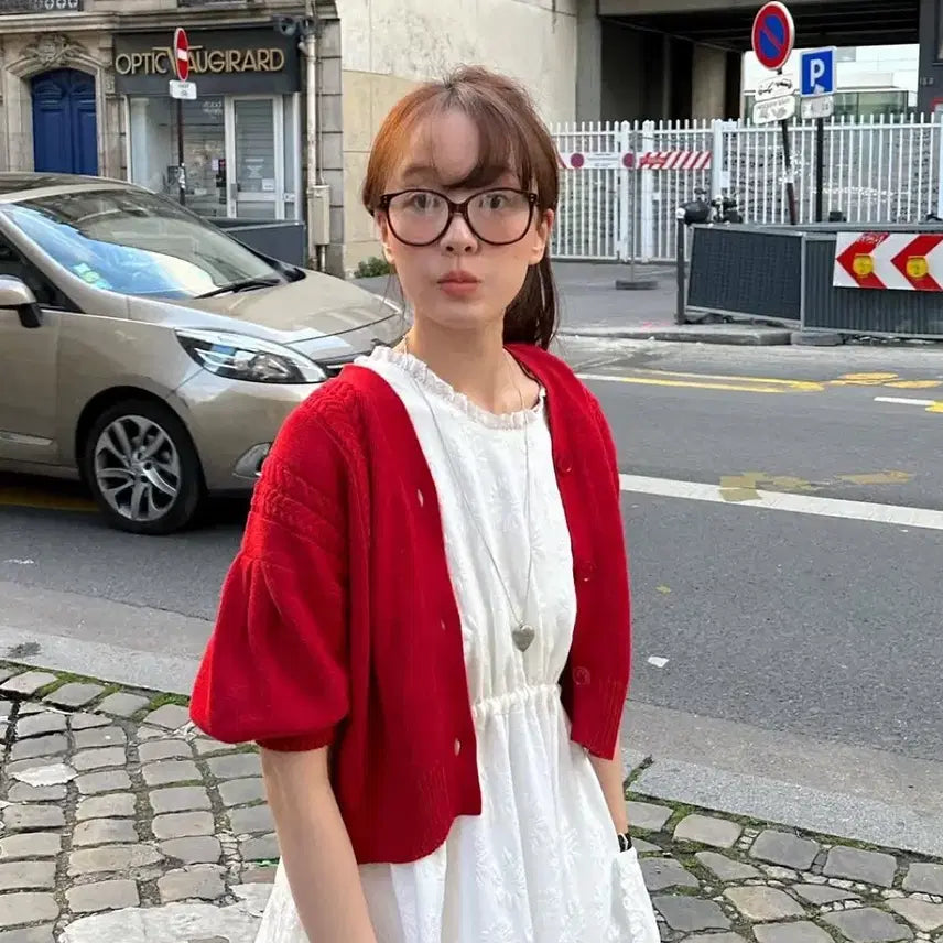 [BUNJANG] Pleta Puff Sleeve Cardigan Red / 플레따 퍼프 슬리브 가디건 레드