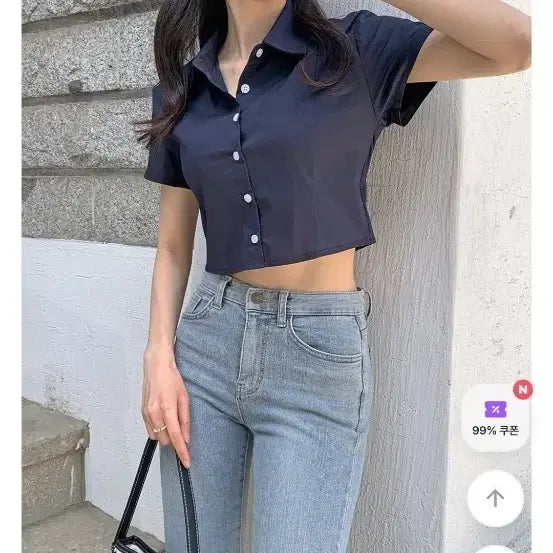 [BUNJANG] Navy Cropped Short-Sleeve Blouse / 크롭 반팔 남방 블라우스 네이비