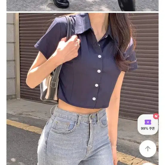 [BUNJANG] Navy Cropped Short-Sleeve Blouse / 크롭 반팔 남방 블라우스 네이비