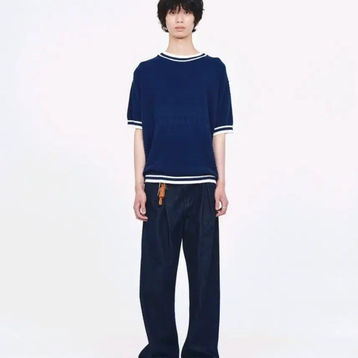 [BUNJANG] Afterpray Jacquard Stripe Rib Crewneck Half Knit Navy / [애프터프레이] 자카드 스트라이프 립 크루넥 하프 니트 네이비