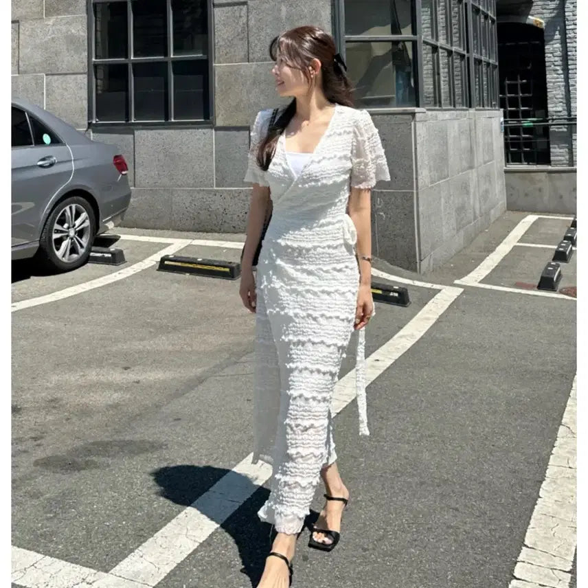 [BUNJANG] White Lace Wrap Long Dress / (새상품) 화이트 레이스 랩 롱원피스