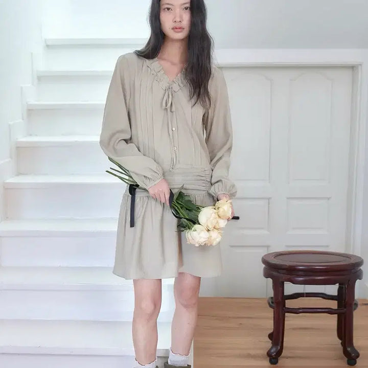[BUNJANG] Auro Ribbon Shirring Dress Beige / 아우로 리본 셔링 원피스 베이지