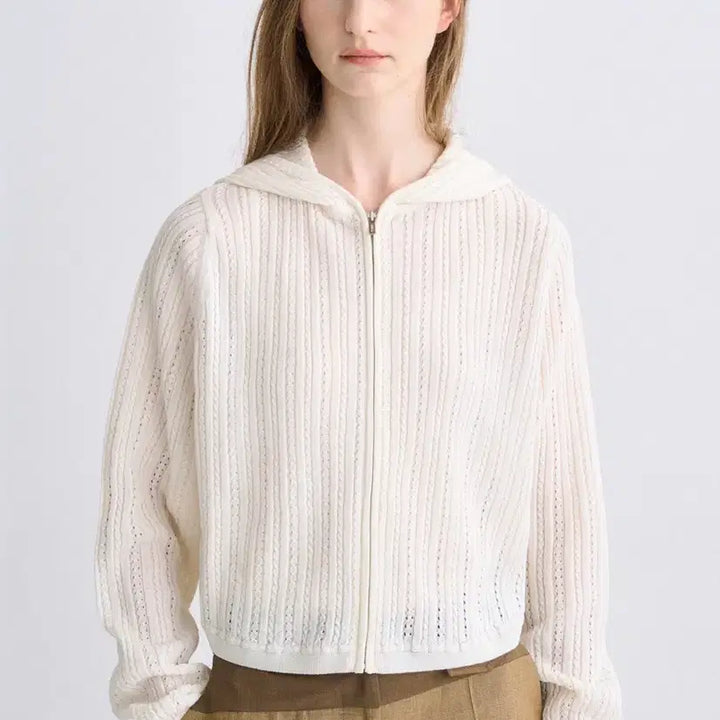 [BUNJANG] TIME Hooded Knit Zip-Up Jumper Ivory / TIME 타임 후드 집업 니트 점퍼 아이보리 새옷급85