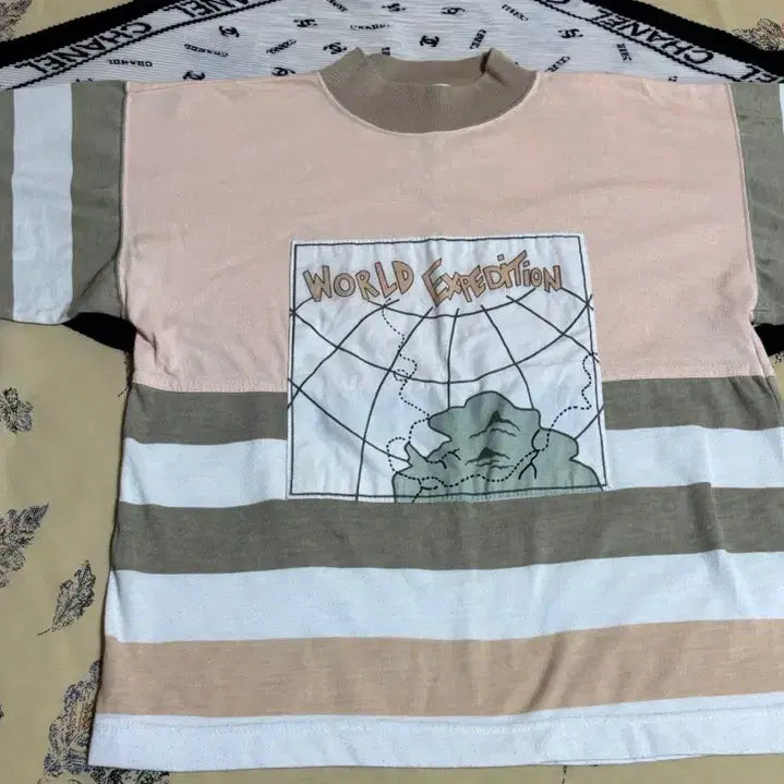 [BUNJANG] Stripe Color Block World T-Shirt Short Sleeve / 스트라이프 배색 월드 티셔츠 반팔