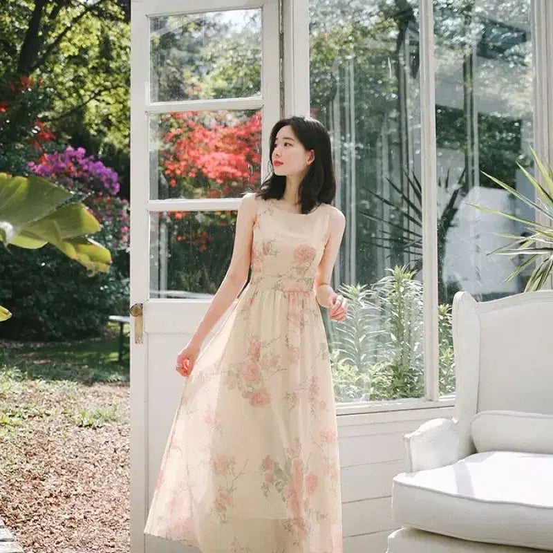 [BUNJANG] Milkcocoa Amelie Chiffon Floral Maxi Dress / 밀크코코아 아멜리에 청순 나시 쉬폰 플라워 롱원피스
