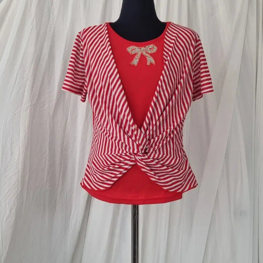 [BUNJANG] Red Stripe Ribbon Stretch T-Shirt / 레드 스트라이프 리본 스판 티셔츠