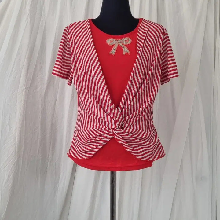 [BUNJANG] Red Stripe Ribbon Stretch T-Shirt / 레드 스트라이프 리본 스판 티셔츠