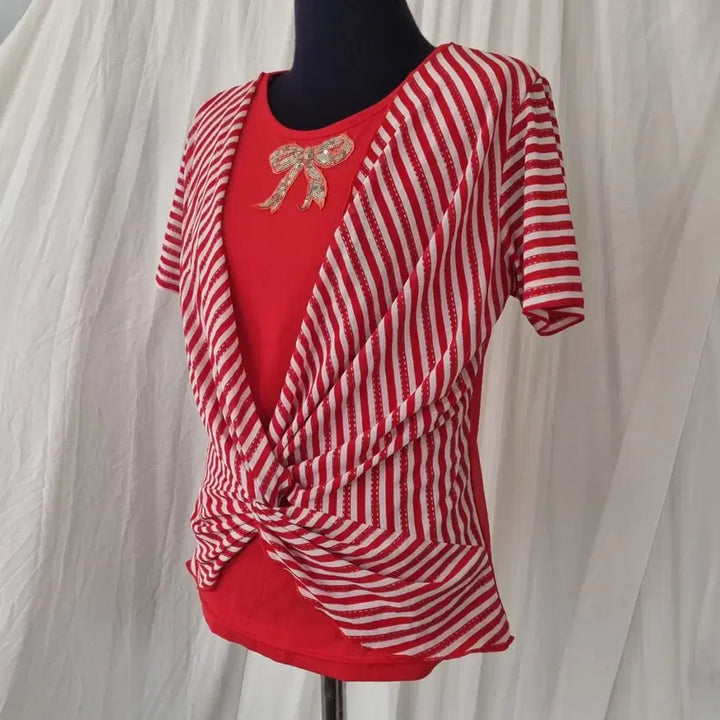 [BUNJANG] Red Stripe Ribbon Stretch T-Shirt / 레드 스트라이프 리본 스판 티셔츠
