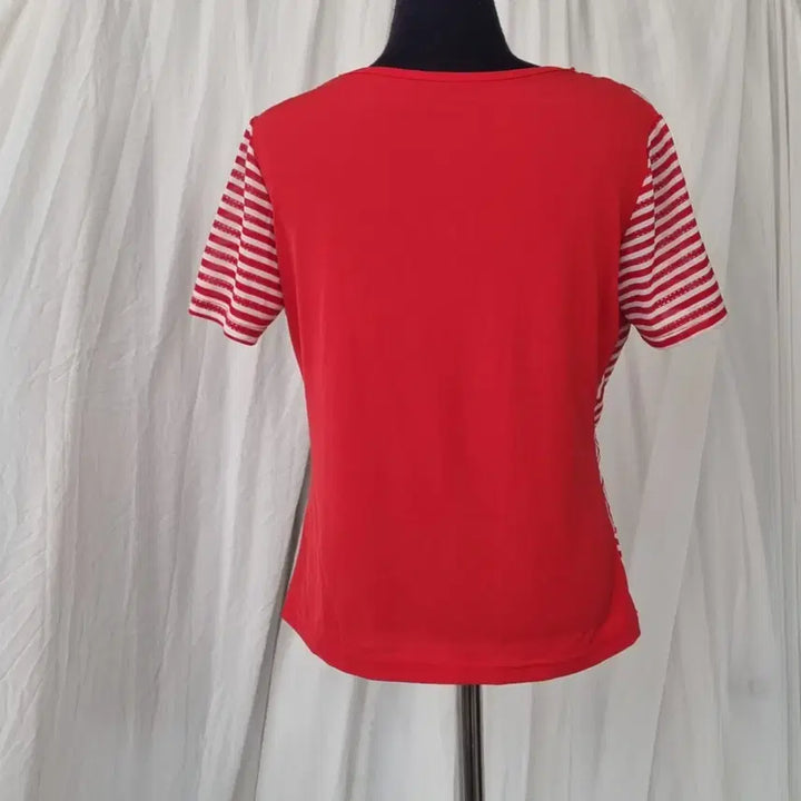[BUNJANG] Red Stripe Ribbon Stretch T-Shirt / 레드 스트라이프 리본 스판 티셔츠