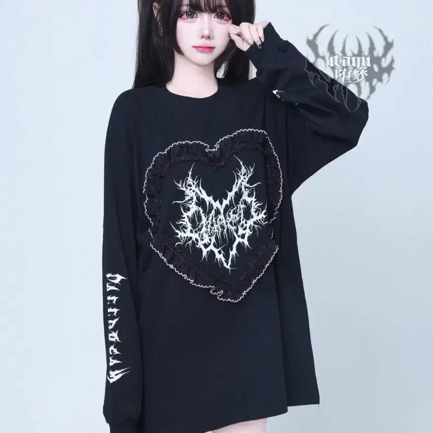 [BUNJANG] Gothic Gothpunk Heart Lace Long Sleeve Top / 고딕 고스펑크 하트 레이스 롱슬리브