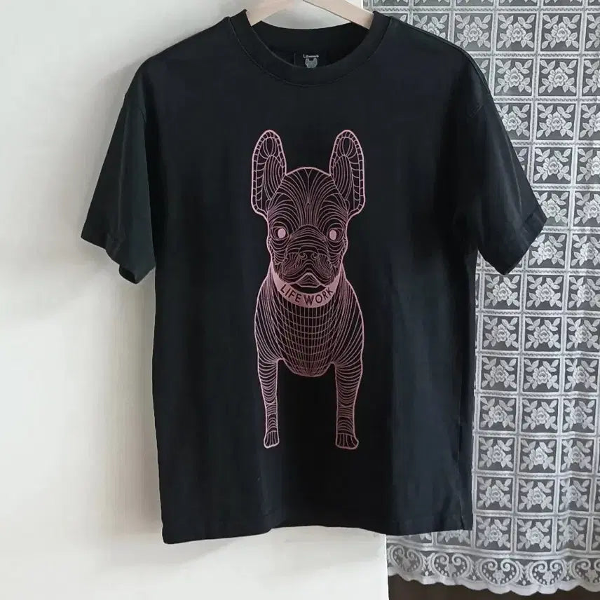 [BUNJANG] Life Work Pink Bulldog T-Shirt / 라이프워크 핑크 불독 블랙 반팔티 (공용가능)