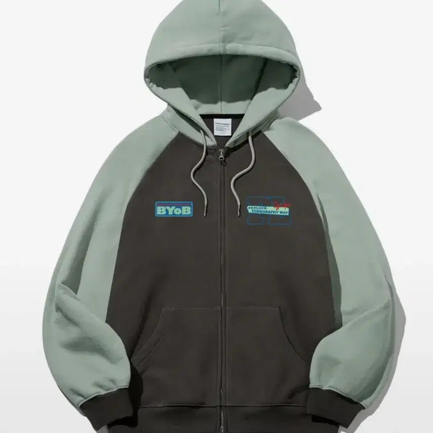 [BUNJANG] Code Graphy Color-Block Hooded Zip-Up Jacket Mint/Brown / 코드그라피 배색 후드집업 민트/브라운