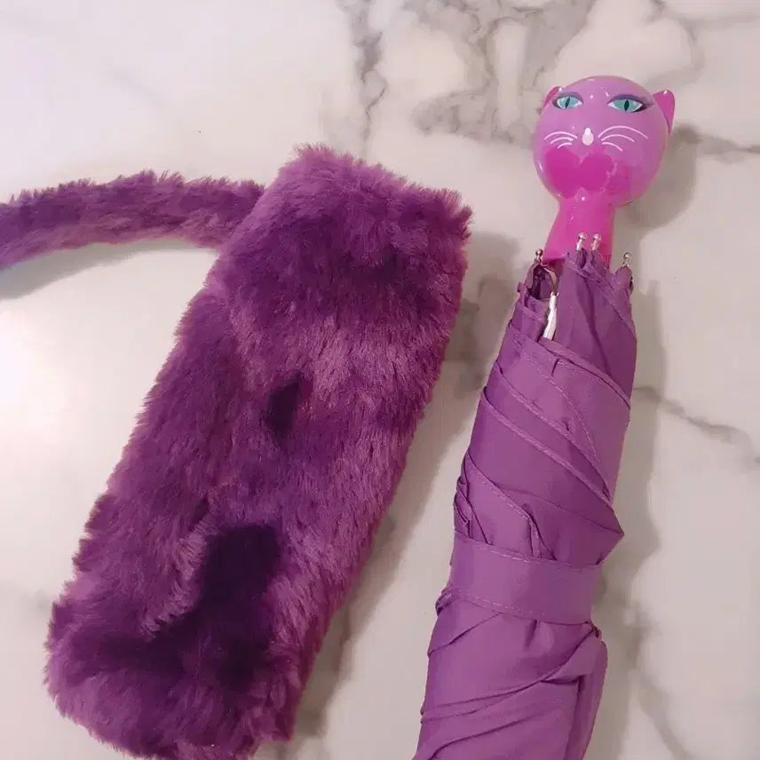 [BUNJANG] Purple Cat Handle Umbrella with Fur Cover / 고양이 손잡이 우산 보라색