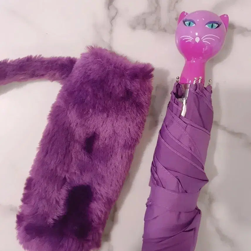 [BUNJANG] Purple Cat Handle Umbrella with Fur Cover / 고양이 손잡이 우산 보라색