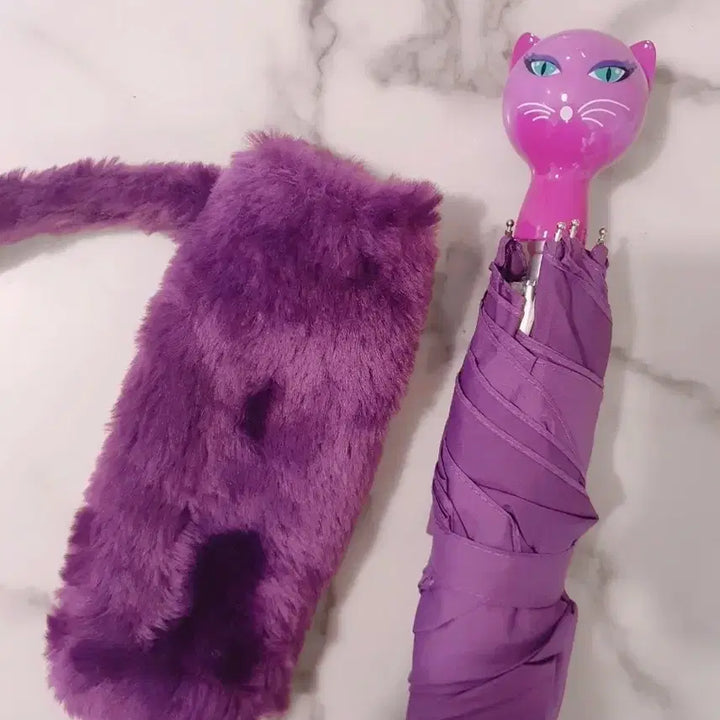 [BUNJANG] Purple Cat Handle Umbrella with Fur Cover / 고양이 손잡이 우산 보라색