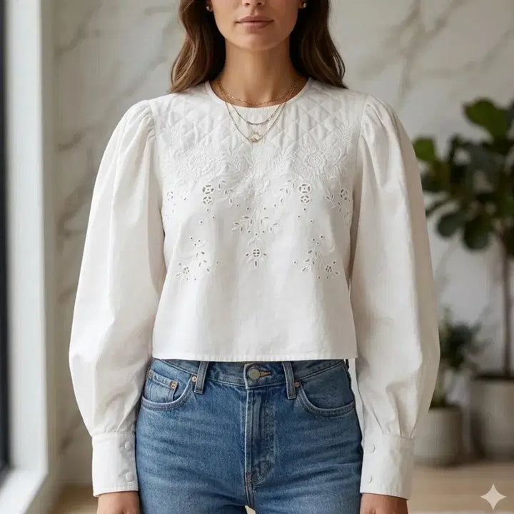 [BUNJANG] Isabel Marant White Embroidered Puff Sleeve Blouse / 이자벨마랑 화이트 자수 퍼프 소매 블라우스 36