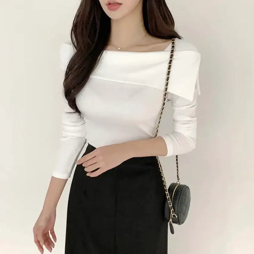 [BUNJANG] Asymmetrical Square Neck Knit T-Shirt / (1번 착용)언발 스퀘어넥 니트 티셔츠