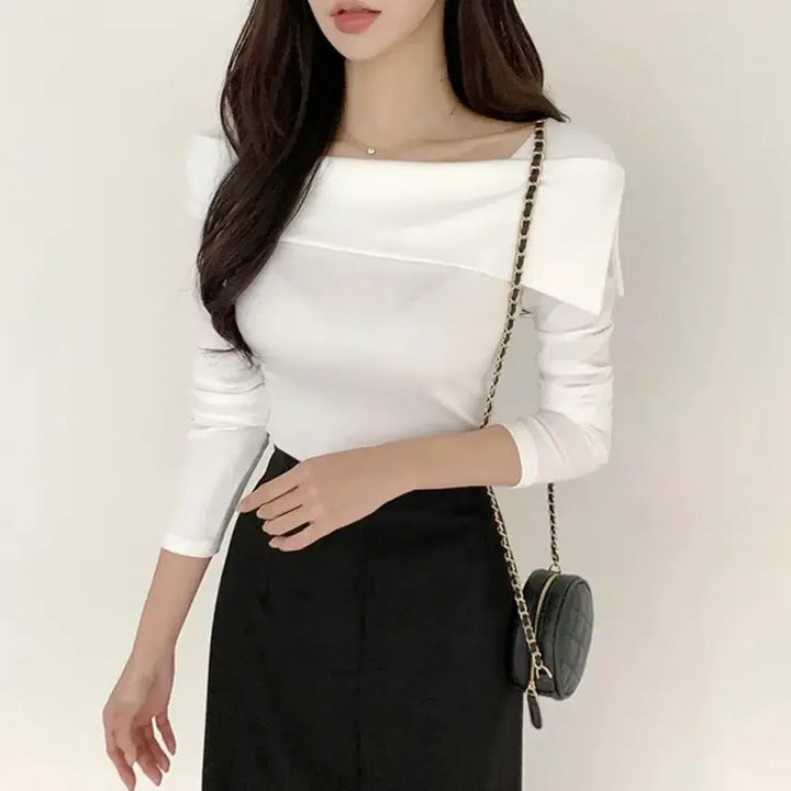 [BUNJANG] Asymmetrical Square Neck Knit T-Shirt / (1번 착용)언발 스퀘어넥 니트 티셔츠