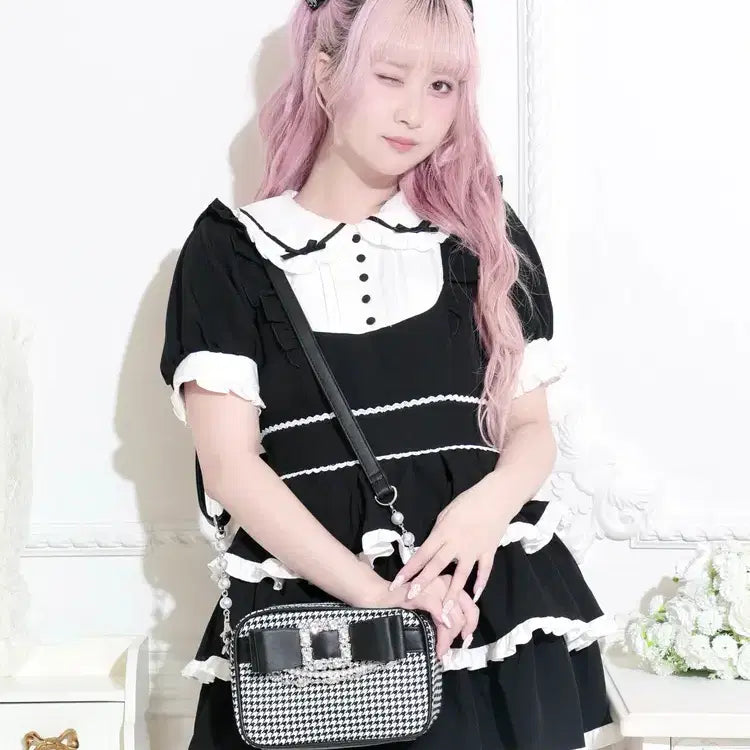 [BUNJANG] NOEMIE Chidori Pattern Bejeweled Ribbon Shoulder Bag / 노에미 NOEMIE 치도리 무늬 비쥬 리본 숄더백 가방