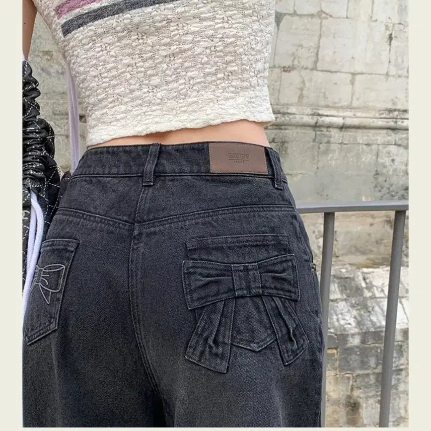 [BUNJANG] Secookies Ribbon Black Denim Jeans / 서쿠키 리본 블랙 데님 진