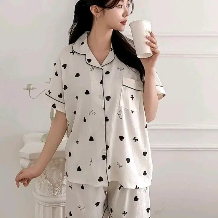 [BUNJANG] Lovely 3-Piece Pajama Set (Short Sleeve Top, Shorts, Long Pants) / 러블리 잠옷 3종세트 (반팔+반바지+긴바지)