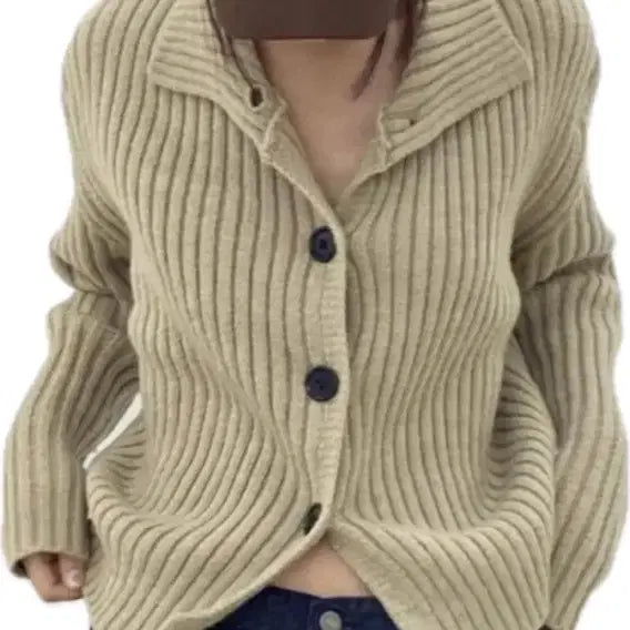 [BUNJANG] Ribbed Collar Neck Cardigan Beige / 골지 카라넥 가디건 베이지