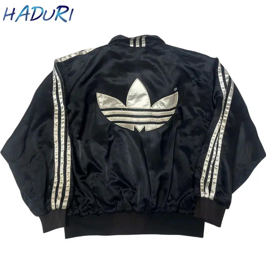 [BUNJANG] Adidas 00s Trefoil Big Logo Satin Bomber Jacket 105 / 아디다스 00s 트레포일빅로고 새틴블랙블루종 105