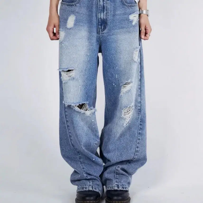 [BUNJANG] Slow Acid Destroyed Wide Denim Pants Blue M / 슬로우애시드 디스트로이드 와이드 데님 팬츠 블루 M