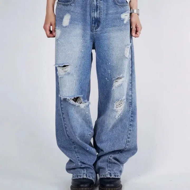 [BUNJANG] Slow Acid Destroyed Wide Denim Pants Blue M / 슬로우애시드 디스트로이드 와이드 데님 팬츠 블루 M