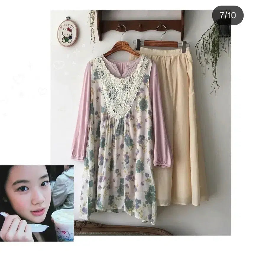 [BUNJANG] Vintage Aoi Yuu Lace Dress Set / 봉지빈티지 하구미 아오이유우 꽃 레이스 원피스 코디세트 대장템